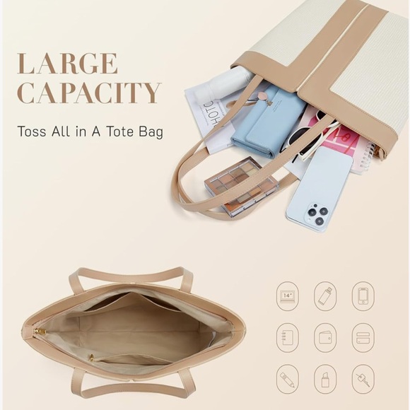 *New* Quilted Shoulder Bag/Tote Bag W/ Zipper - Tan and Beige - Picture 3 of 7